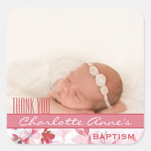 Girl Photo Baptism Thank You Favor  Pink Floral Square Sticker