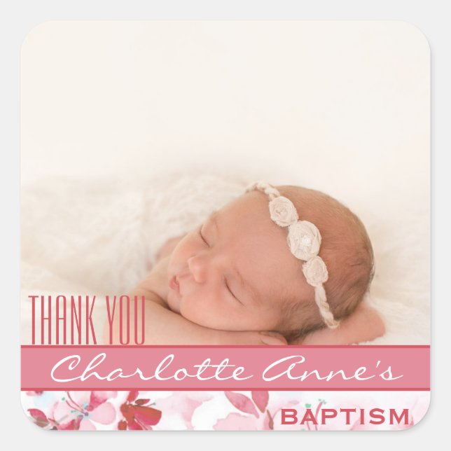 Girl Photo Baptism Thank You Favor | Pink Floral Square Sticker (Front)