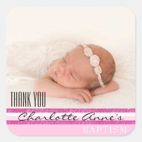 Girl Photo Baptism Thank You Favor  Pink Stripes Square Sticker