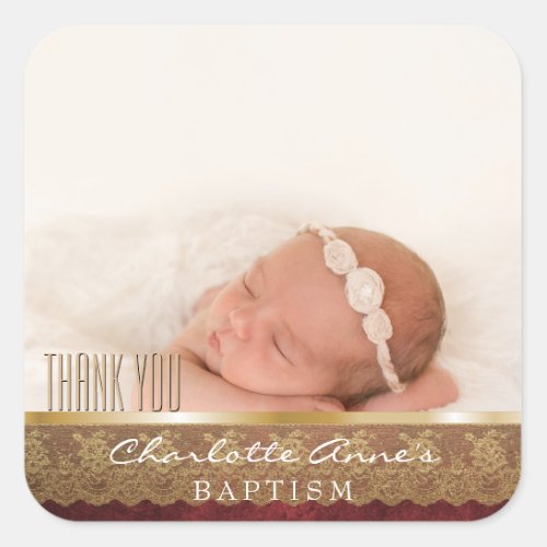 Girl Photo Baptism Thank You Gold Floral Lace Square Sticker