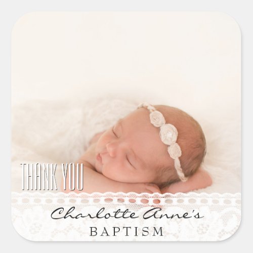 Girl Photo Baptism Thank You Vintage Floral Lace Square Sticker
