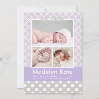 Girl Photo Birth Announcement Card | Chic Pattern