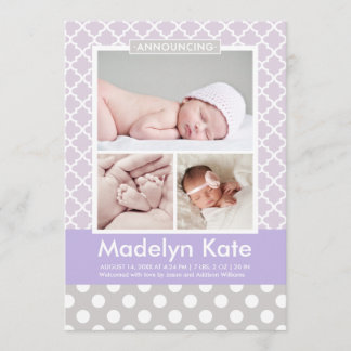 Girl Photo Birth Announcement Card | Chic Pattern