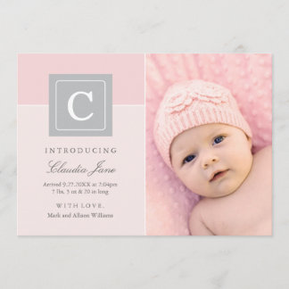 Girl Photo Birth Announcement Card | Letter Block