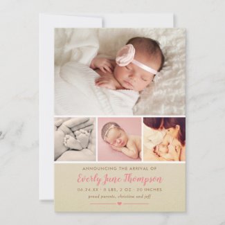 Girl Photo Birth Announcement Card | Rustic Pink