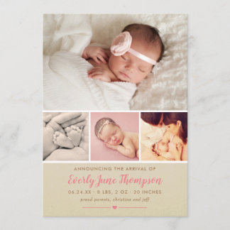 Girl Photo Birth Announcement Card | Rustic Pink