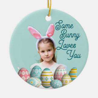 Girl Photo Bunny Ears Cute Blue Ceramic Ornament