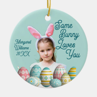 Girl Photo Bunny Ears Cute Blue Ceramic Ornament