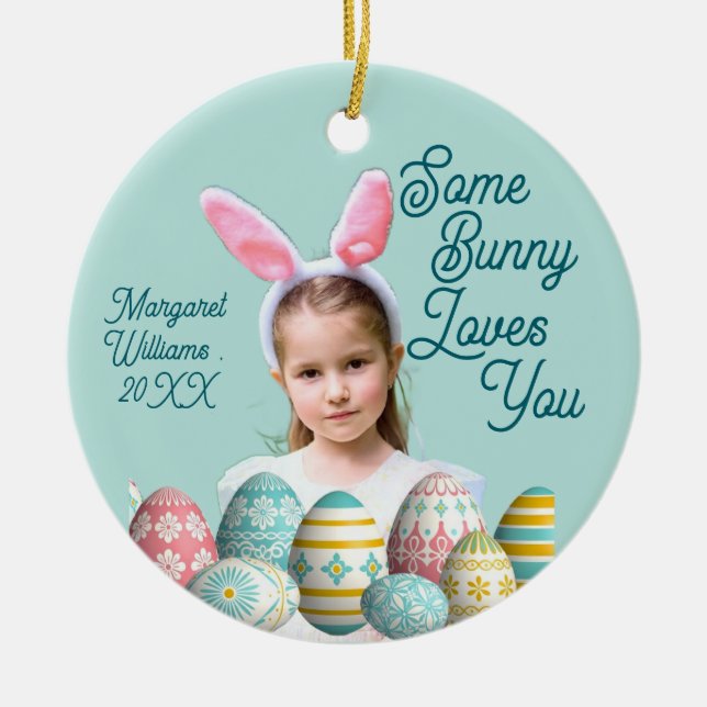 Girl Photo Bunny Ears Cute Blue  Ceramic Ornament (Front)