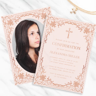Girl Photo Confirmation Pink Rose Gold Elegant Invitation