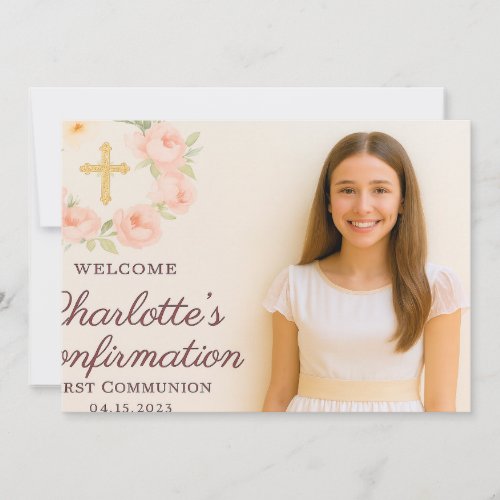 Girl photo cream beige bow cross Confirmation