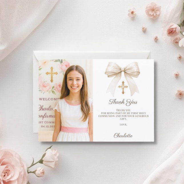 Girl photo cream bow Confirmation Thank You Card (Creator Uploaded)