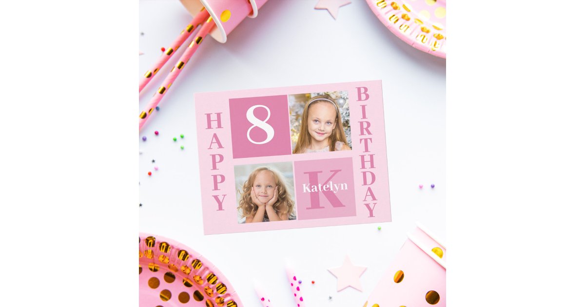 Girl Photo Cute Pink Happy Birthday Monogram Postcard | Zazzle