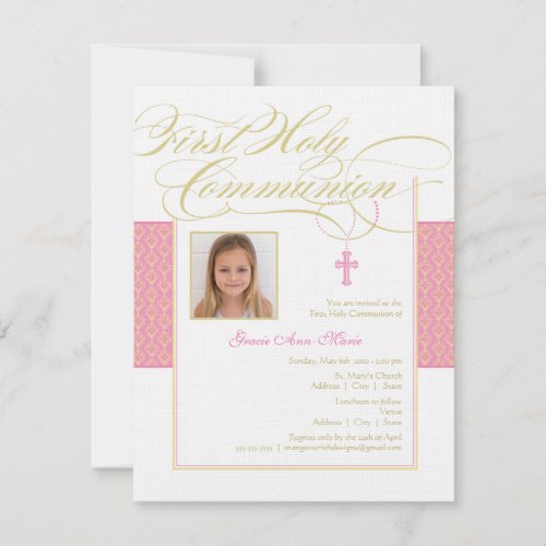 Girl Photo First Communion Invitation - Pink