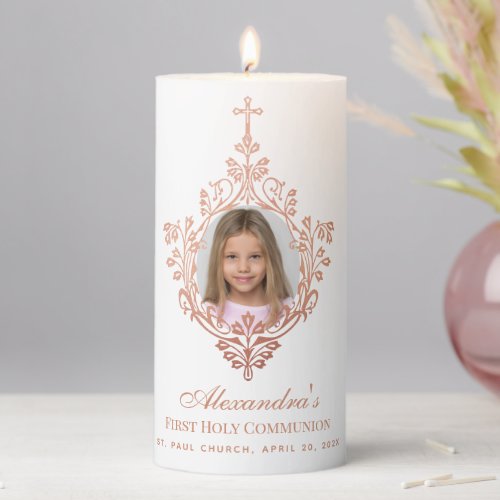 Girl Photo First Communion Rose Gold Vintage Cross Pillar Candle