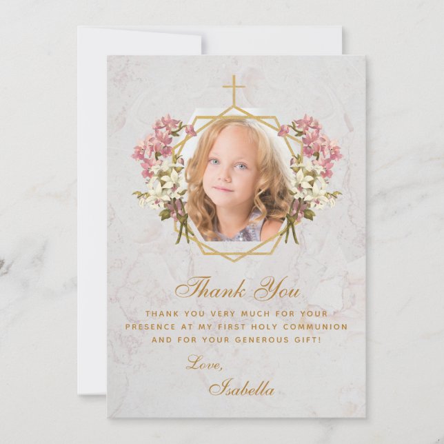 Girl Photo First Holy Communion Gold Pink Orchids Thank You Card (Front)