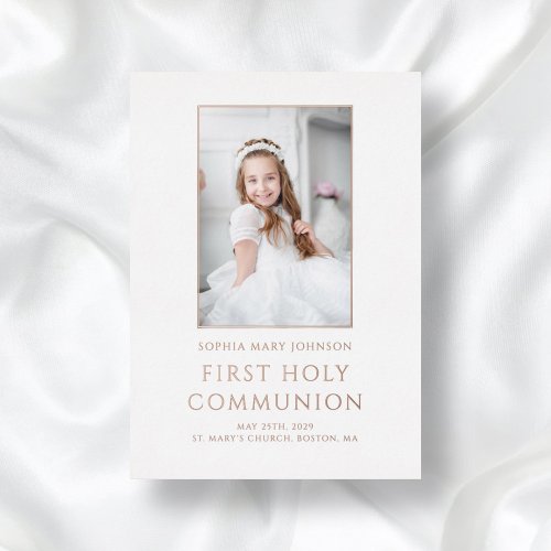 Girl Photo First Holy Communion Rose Gold Foil Invitation