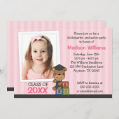 Girl Photo Graduation Bear Pink Stripes Invitation (Front/Back)