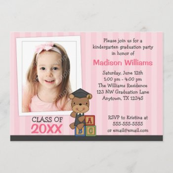 Girl Photo Graduation Bear Pink Stripes Invitation by WhimsicalPrintStudio at Zazzle
