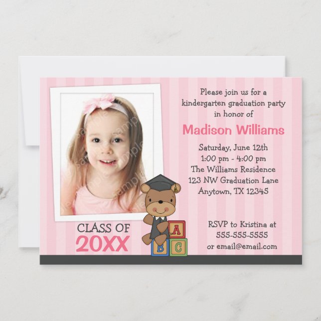 Girl Photo Graduation Bear Pink Stripes Invitation (Front)