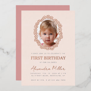 Girl Photo in Floral Frame Pink First Birthday Foil Invitation