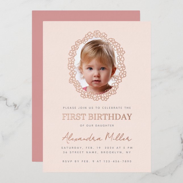 Girl Photo in Floral Frame Pink First Birthday  Foil Invitation (Front/Back)