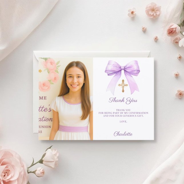 Girl photo lavender bow Confirmation Thank You Card (Creator Uploaded)