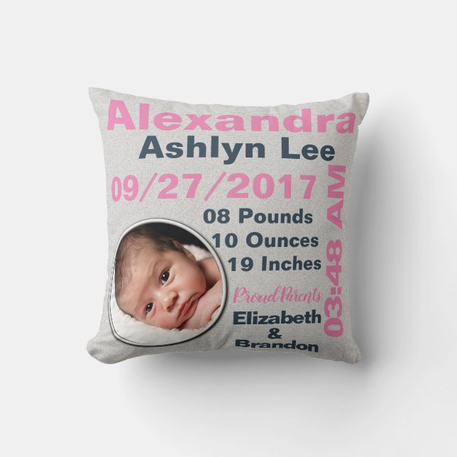 Girl Photo Photograph Personalized Birth Stats Throw Pillow (Front)