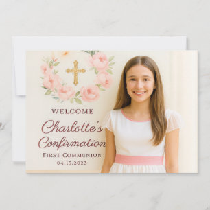 Girl photo pink bow cross Confirmation Thank You Card