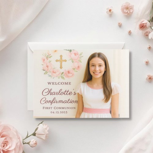 Girl photo pink bow cross Confirmation
