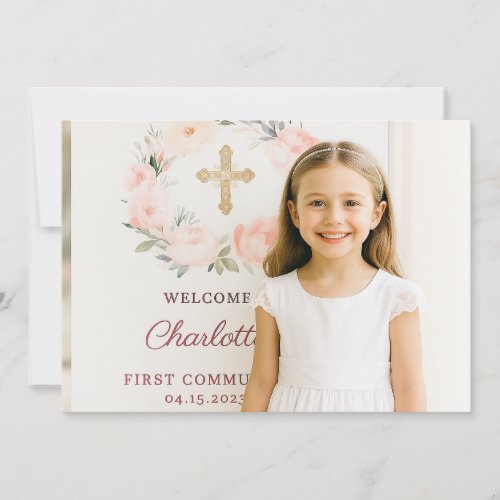 Girl photo pink bow cross First Communion 