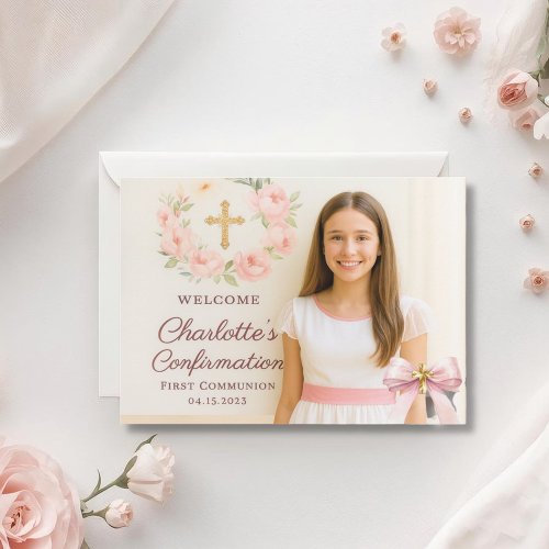 Girl photo pink bow cross First Holy Communion