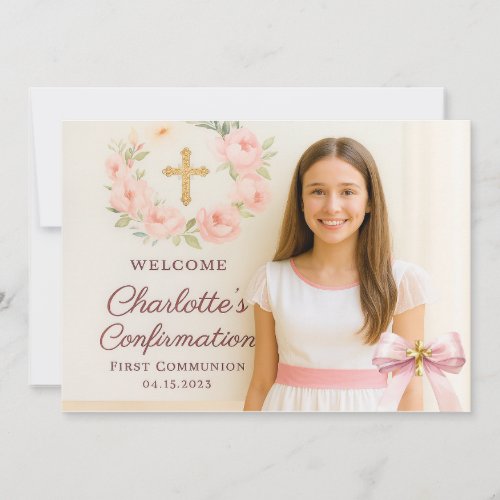Girl photo pink bow cross First Holy Communion