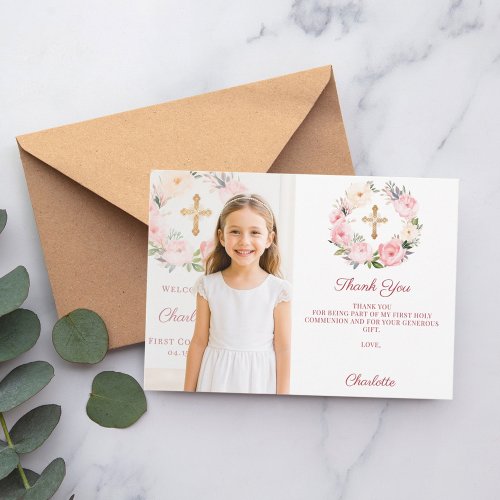Girl photo pink florals cross First Communion 