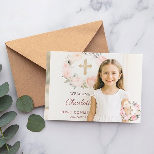 Girl photo pink florals cross First Communion 