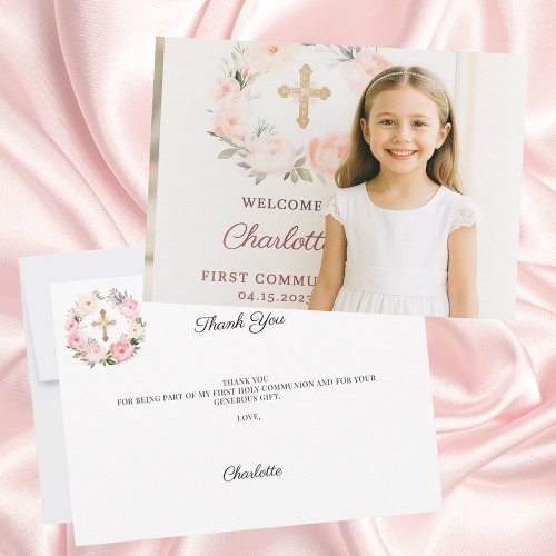 Girl photo pink florals cross First Communion 