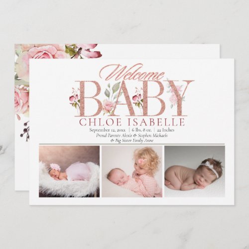 Girl Photo Rose Gold  Floral Birth Announcement