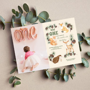 Girl Photo Woodland Animals  1st Birthday Invitation
