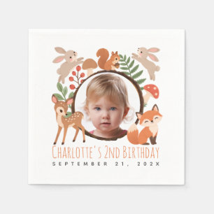 Girl Photo Woodland Animals Cute 2nd Birthday Napkins