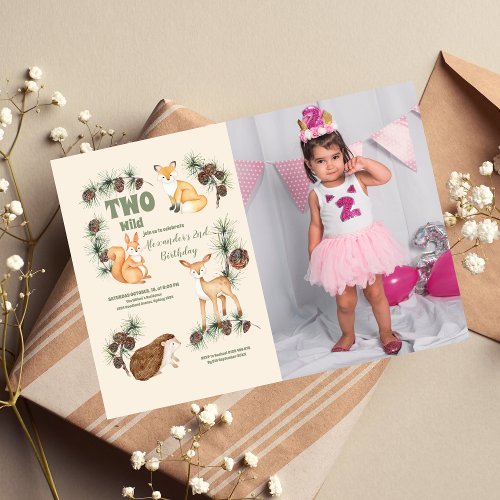 Girl Photo Woodland Animals Greenery  2nd Birthday Invitation