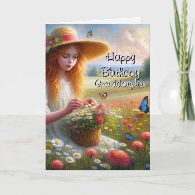 Girl Picking Flowers Granddaughter Birthday  Card (Front)