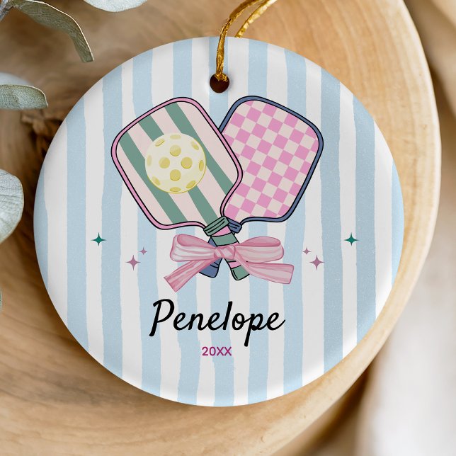 Girl pickleball player sports paddles personalized ceramic ornament (Creator Uploaded)