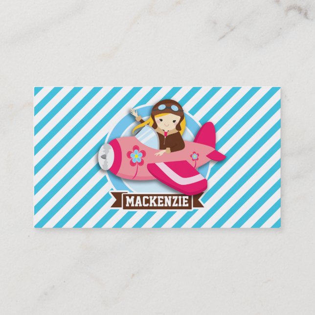 Girl Pilot in Pink Airplane; Blue & White Stripes Business Card (Back)