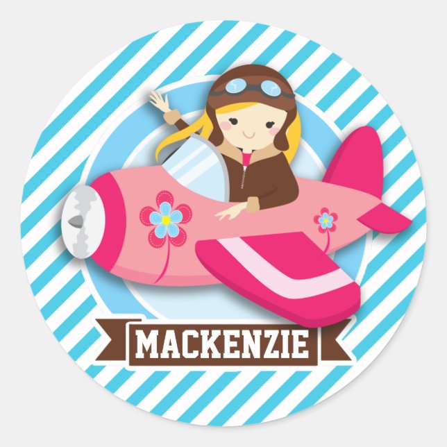Girl Pilot in Pink Airplane; Blue & White Stripes Classic Round Sticker (Front)