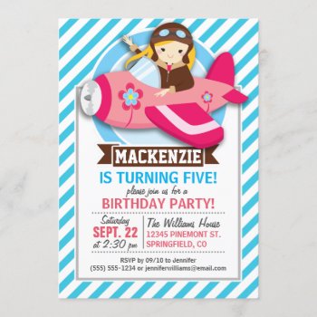 Girl Pilot In Pink Airplane; Blue & White Stripes Invitation by Birthday_Party_House at Zazzle