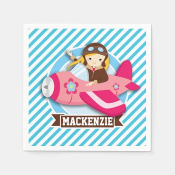 Girl Pilot In Pink Airplane; Blue & White Stripes Napkins by Birthday_Party_House at Zazzle