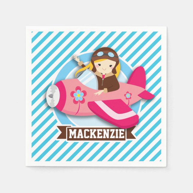 Girl Pilot in Pink Airplane; Blue & White Stripes Napkins (Front)