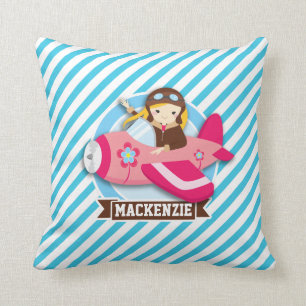 Girl Pilot in Pink Airplane; Blue & White Stripes Throw Pillow