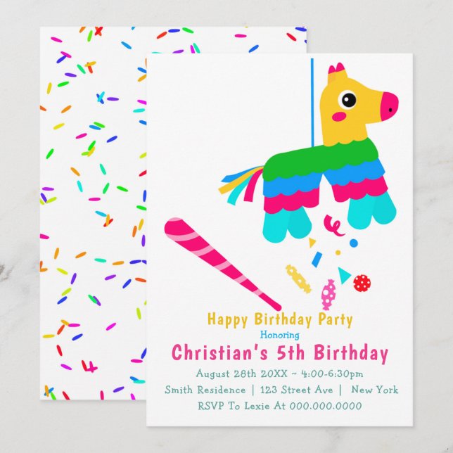 Girl Piñata 5th Birthday Invitations (Front/Back)