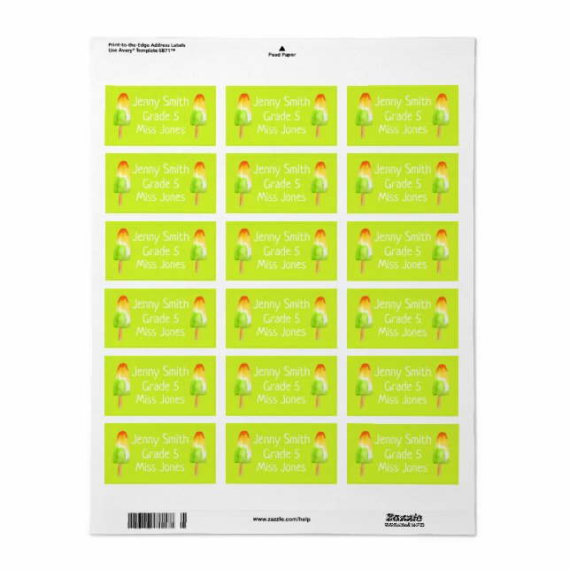 Girl pine lime popsicles name school book labels (Full Sheet)